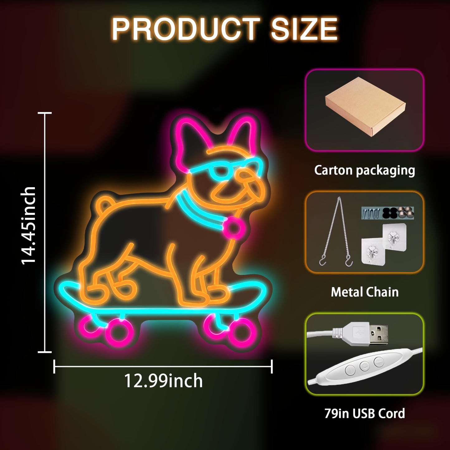 Bulldog Skateboarding Neon Sign, Cute French Bulldog Dimmable Led Neon Night Lights Up Animal Decor for Bedroom Living Room Man Cave Home Bar Wall Decoration, Birthday Party Gifts Christmas for Kids Girls Boys Adults (Dog)
