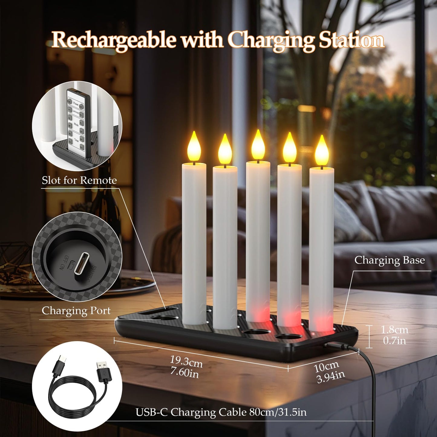PChero 10 Pcs Rechargeable Flameless Taper Candles with Charging Station, 6.7" LED Candles with Remote & Timer, Battery Operated Flickering Tapered Candlesticks for Window Wedding Christmas Home Decor