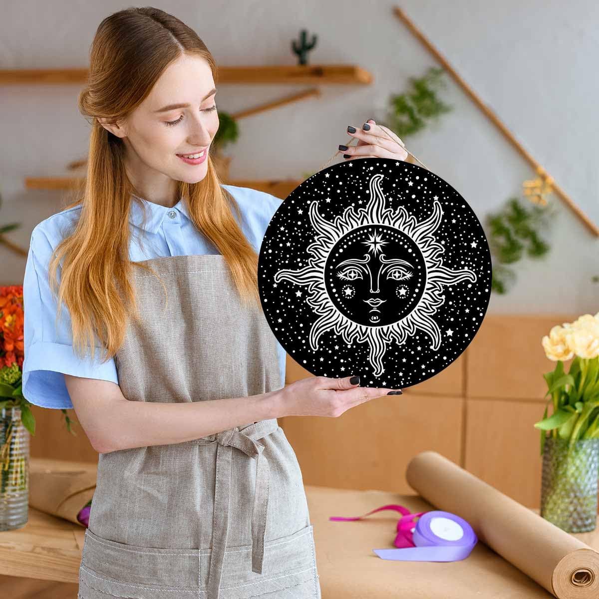 Beabes Farmhouse Front Porch Decor Door Hanging Black White Sun Stars 12in Round Wooden Hanging Housewarming Home Decor Present