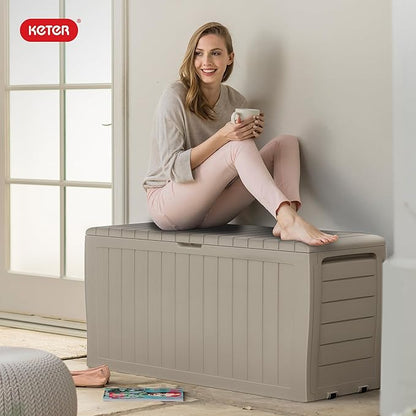 Keter Marvel Plus 71 Gallon Resin Outdoor Storage Box for Patio Furniture Cushions, Throw Pillows, Garden Tools and Pool Floats, Beige
