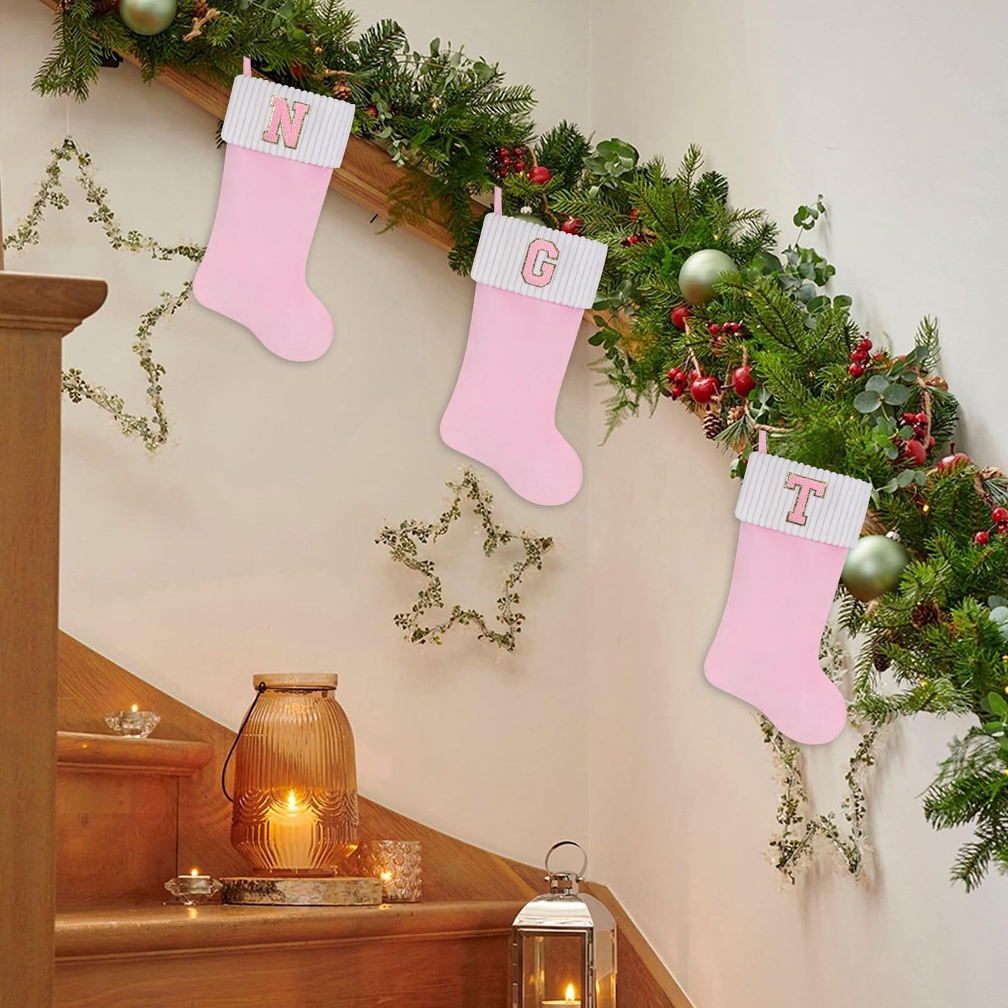 Shgngle 20 Inches Letter Embroidered Christmas Stocking,Personalized Pink Velvet Christmas Stocking,Family Holiday Decorations and Xmas Gift(O)