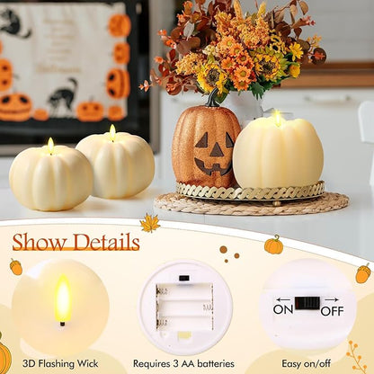 Retisee 3 Pcs Flameless Thanksgiving LED Candle Fall Light up Pumpkin Flameless Candles with Timer Remote Control, 4" 6" h Autumn Farmhouse Rustic Harvest Decor for Home Party(Ivory)
