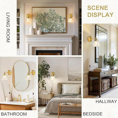 Plug in Wall Sconces Set of 2, Vintage Wall Sconce with Tulip Transparent Glass Lampshade, 180° Adjustable Wall Sconce with Switch and Plug in Wall Lamp Cord, Gold Wall Light Wall Decor Set of 2