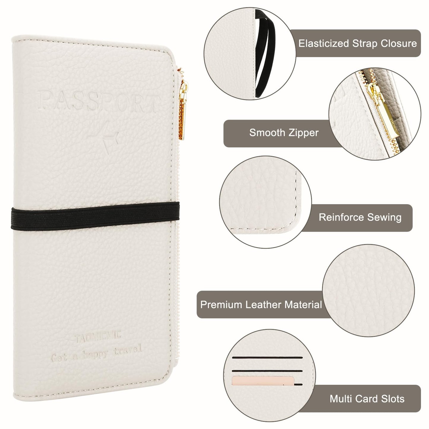 DOB SECHS Passport Holder for Travel Women RFID Blocking Leather Passport Wallet Travel Document Organizer Pouch Bag, Slim Passport Cover Case with Zipper Cash Pocket Purse+Card Slots+ID Window, White