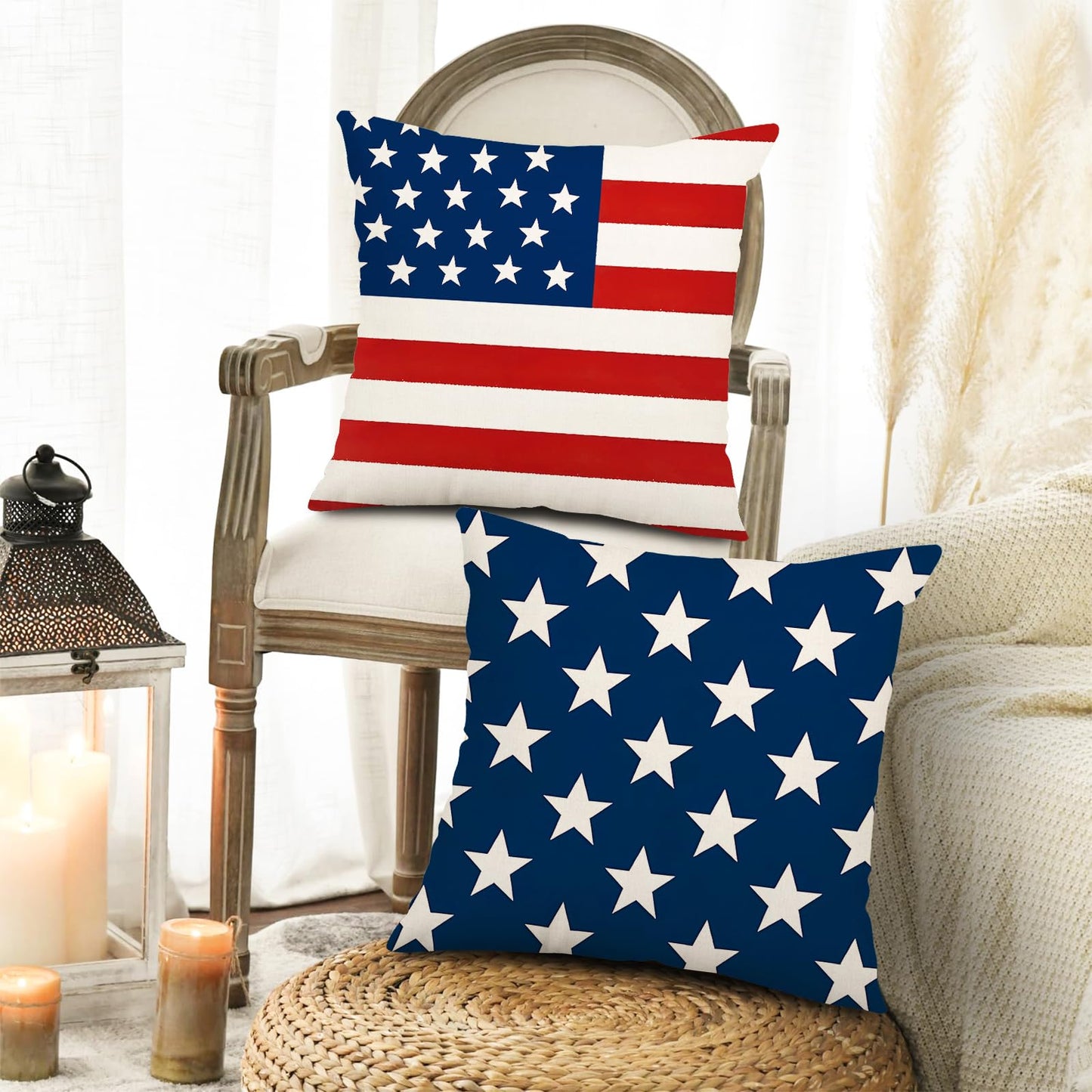 MAZSHTTD 4th of July Decorative Pillows 18 x 18 Patriotic Star Throw Pillow Covers Independence American Flag Pillow Memorial Day Decor Patio Pillows Outdoor Case Porch Pillows Case