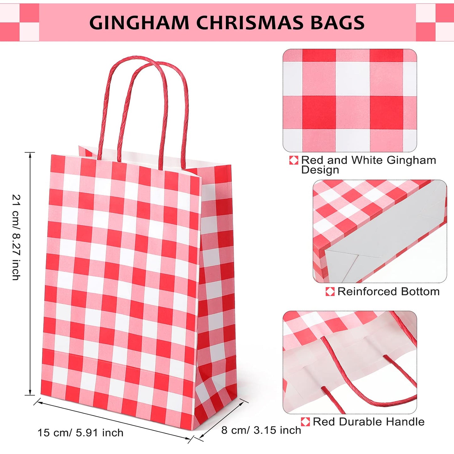 Chinco 30 Pcs Red White Gingham Paper Gift Bags Bulk with Handles, Candy Goodie Plaid Bags for Party Favors Supplies, Christmas, Birthday, Baby Shower, Wedding, Candy, Cookies, Gifts