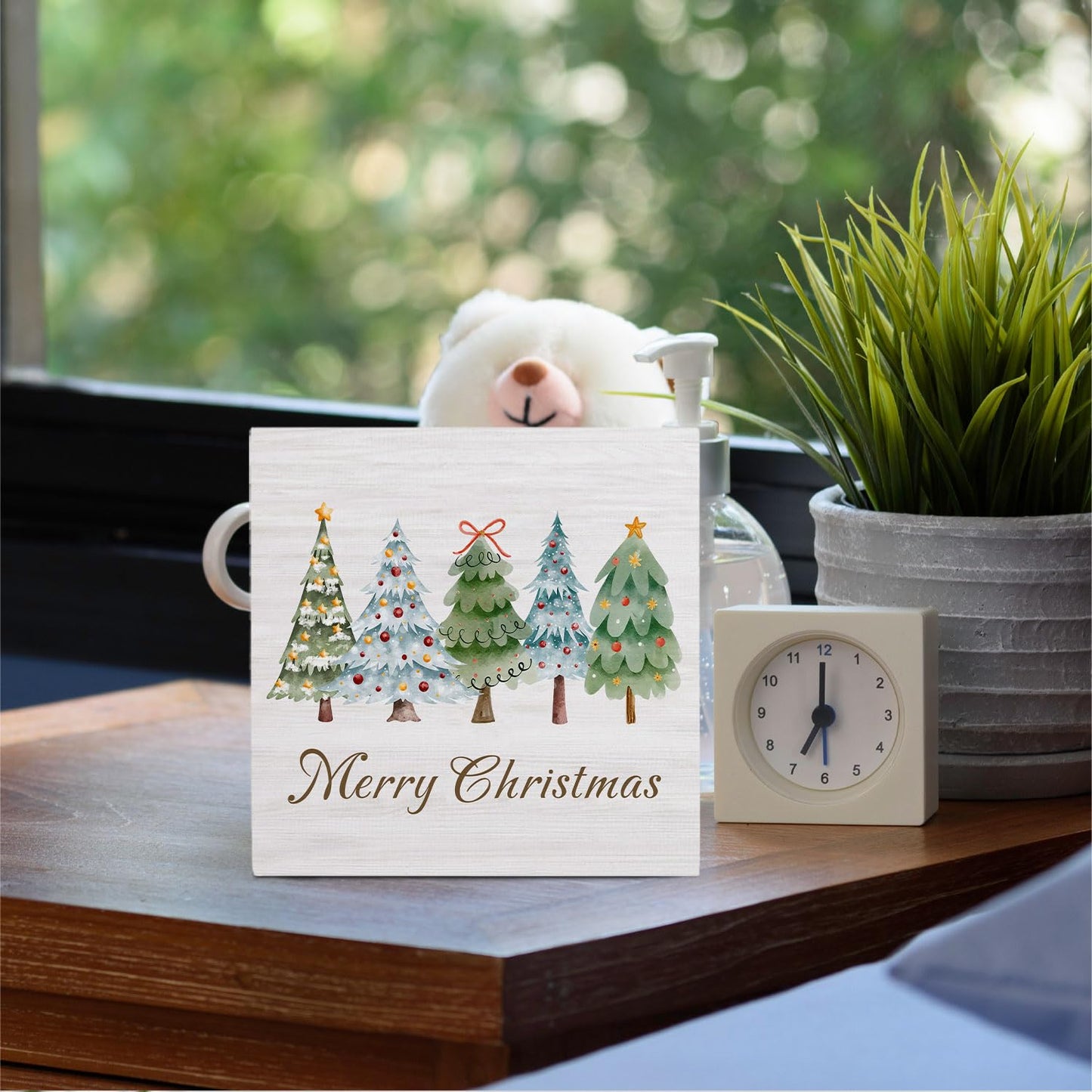 HYKDFMNCJ Merry Christmas Tree Wooden Box Sign Desk Decor, Glitter Holiday Winter Christmas Bauble Tree Wood Signs for Home Bedroom Office Desk Table Shelf Decorations, 5x5 Inch
