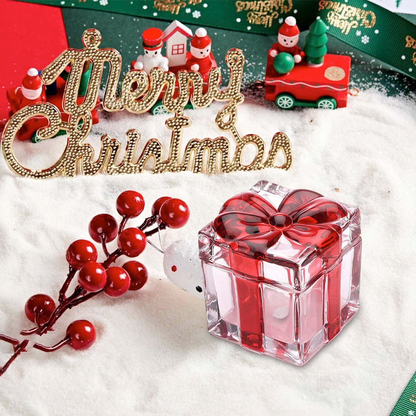 Gkesgm Set of 2 Christmas Candy Jar Red Glass Sugar Jar with Bowknot Lid,Square Crystal Peppermint Sweets Dish, Serving Tray, Serving Platter,Christmas Holiday Decor