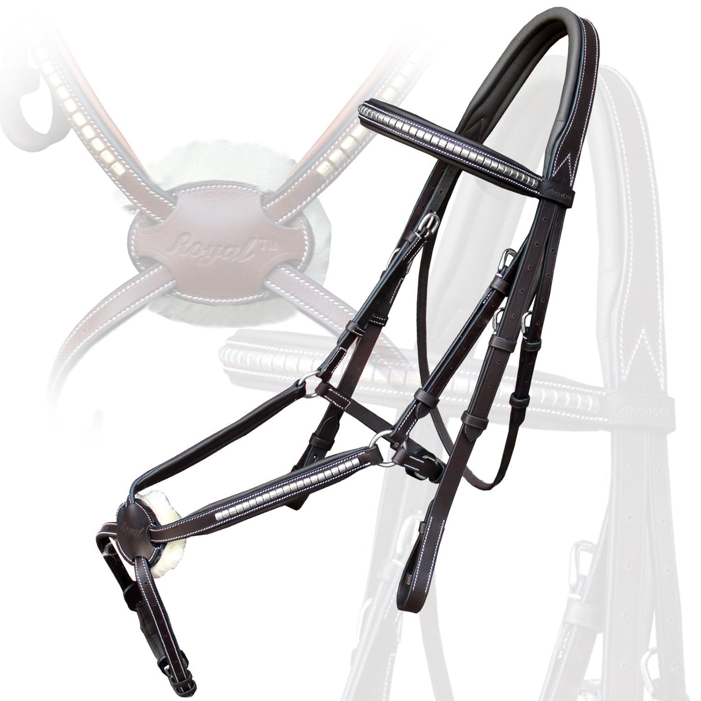 Exion Premium English Leather Figure 8 Bridle with Silver Clincher Noseband & Browband | Soft Padded Anatomical Crown Piece | Rubber Reins | Adjustable Fit | Jumping, Hunter, Eventing
