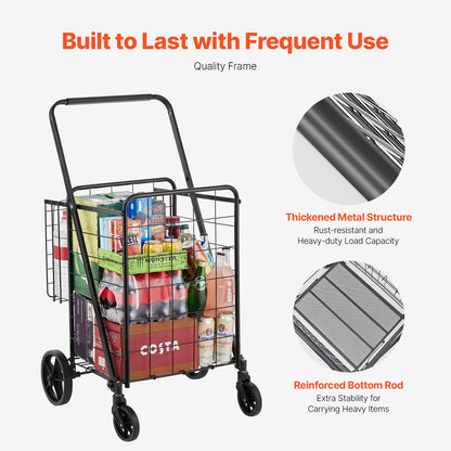 VEVOR Shopping Cart, 110 lbs Large Load Capacity, Folding Grocery Shopping Cart with 360° Swivel Wheels, Double Baskets, Locking Latch, Heavy Duty, Easy Installation, for Laundry, Luggage Camping