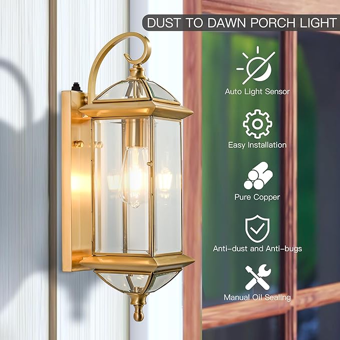 20''H Dusk to Dawn Sensor Outdoor Wall Light Large Porch Light Wall Mount with Tempered Glass Exterior Light Fixture for Garage,Porch,Patio,Oil-Rubbed Brass,E26 Socket,1 Pack