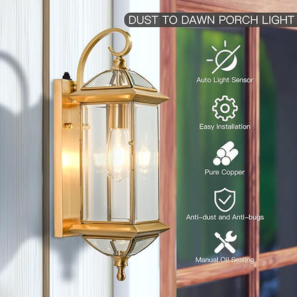 20''H Dusk to Dawn Sensor Outdoor Wall Light Large Porch Light Wall Mount with Tempered Glass Exterior Light Fixture for Garage,Porch,Patio,Oil-Rubbed Brass,E26 Socket,1 Pack