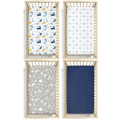 Plushii Crib Sheets for Baby Boys 4 Pack, 28"x 52" Extra Soft Microfiber Crib Sheet Set for Standard Crib & Toddler Mattress Pad, Dinosaur & Elephant & Stars & Navy Blue