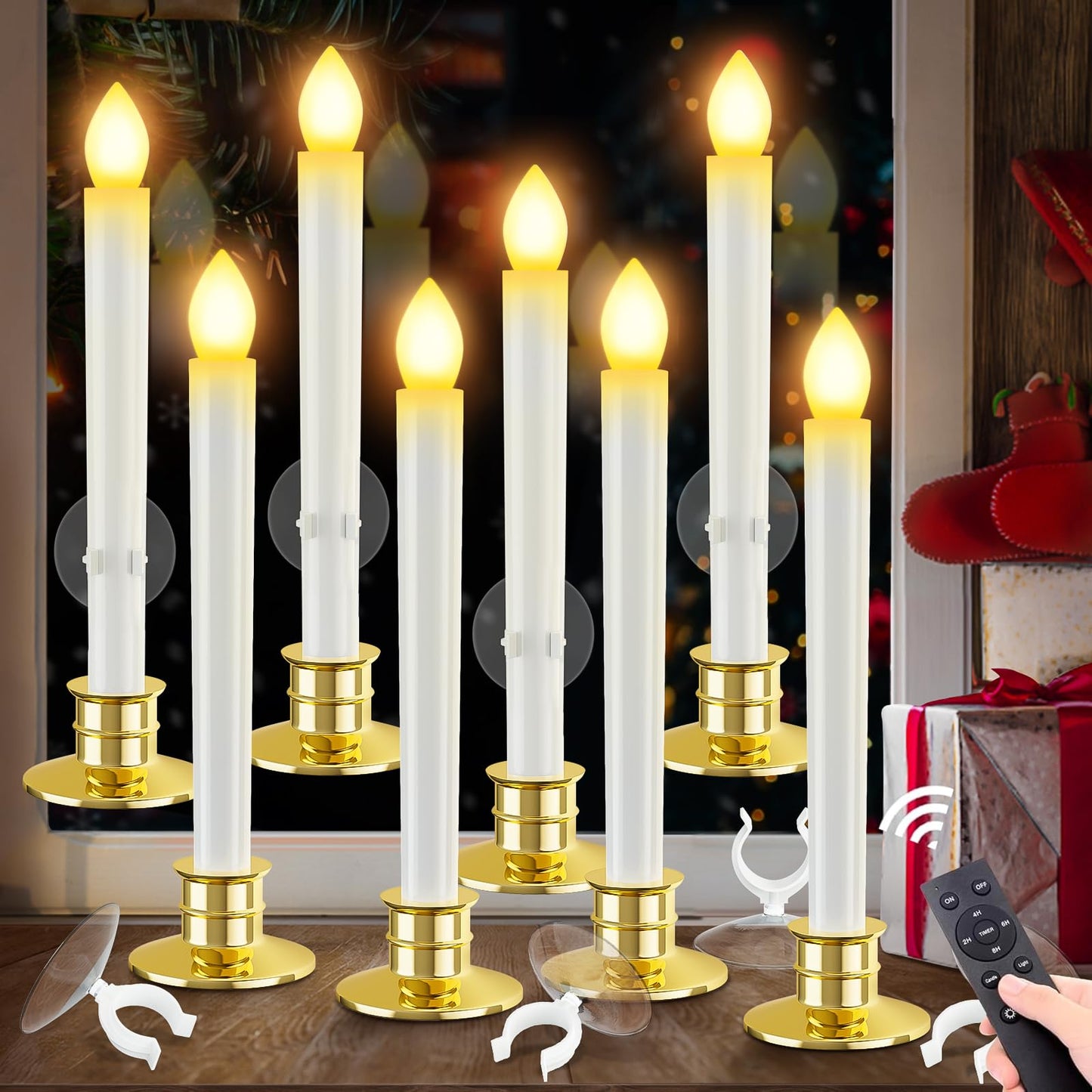 HINZER 8PCS Christmas Window Candles with Timer Remote Battery Operated Candles LED Lights Christmas Decorations Electric Flickering Window Lights for Home Decor