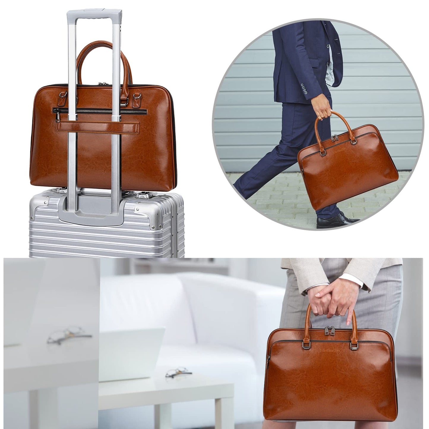 Blofinche Genuine Leather laptop Briefcase: Messenger shoulder bag 15 16 inch men macbook case women work satchel designer handbag Brown