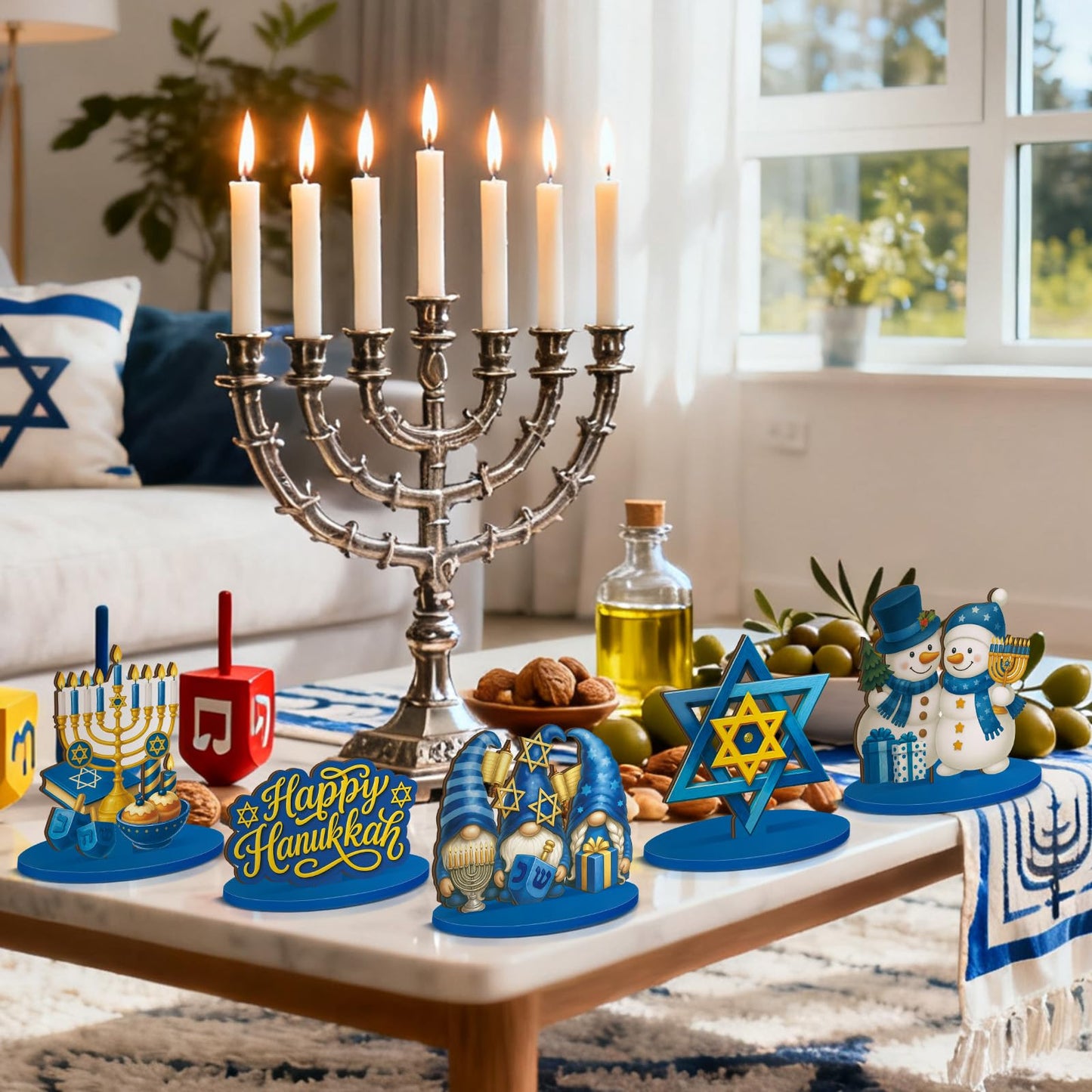 Realspring 12 Pcs Hanukkah Table Centerpieces Decor Chanukah Menorah Wooden Signs Star of David Table Topper Decor Hanukkah Centerpieces for Home Tray Office Desk Decorations
