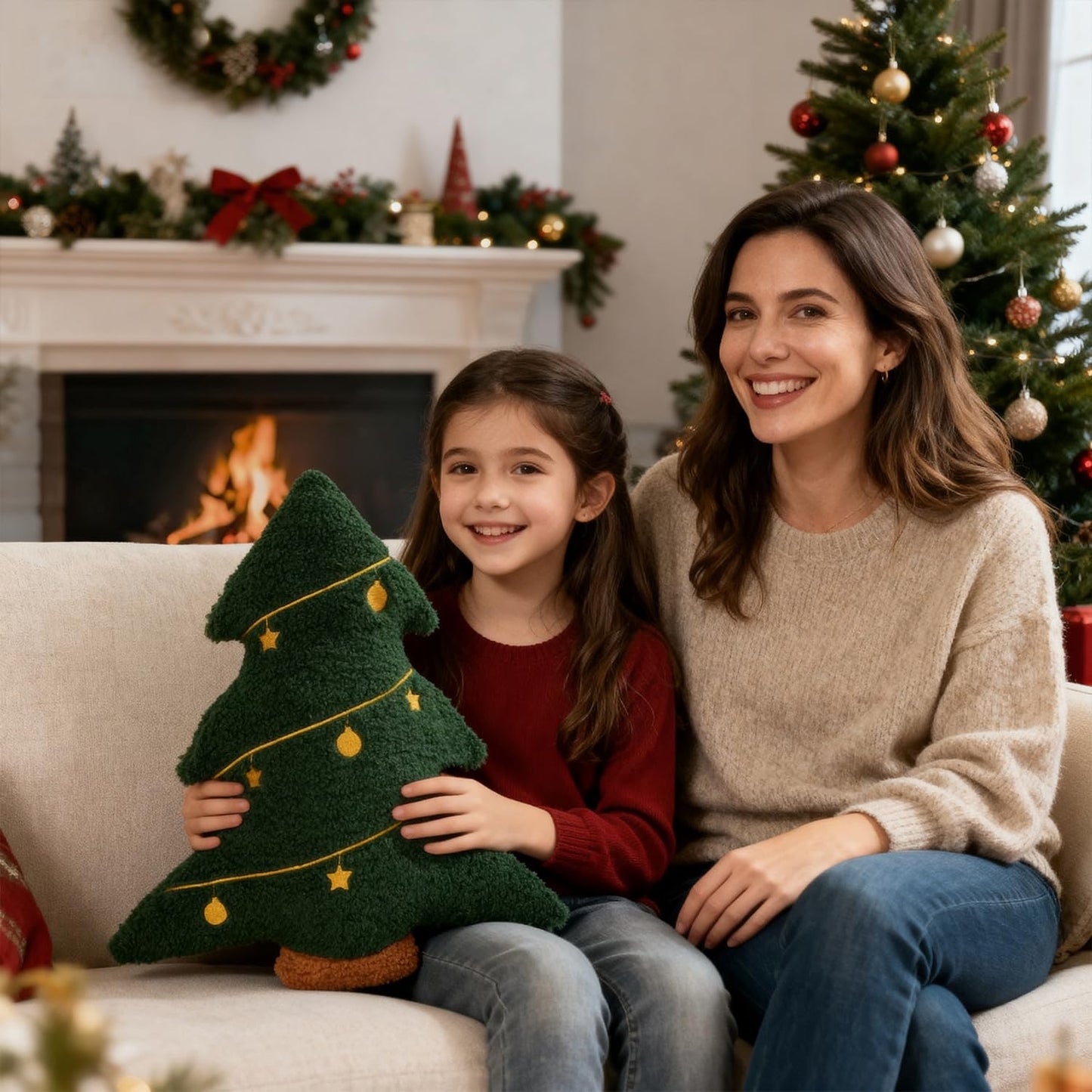 Artmag Christmas Pillow, Decorative Christmas Tree Pillow Stuffed Tree Shaped Embroidered Star Ball Bedroom Xmas Plush for Party Home Decorations 15.5" x 14.5" Green