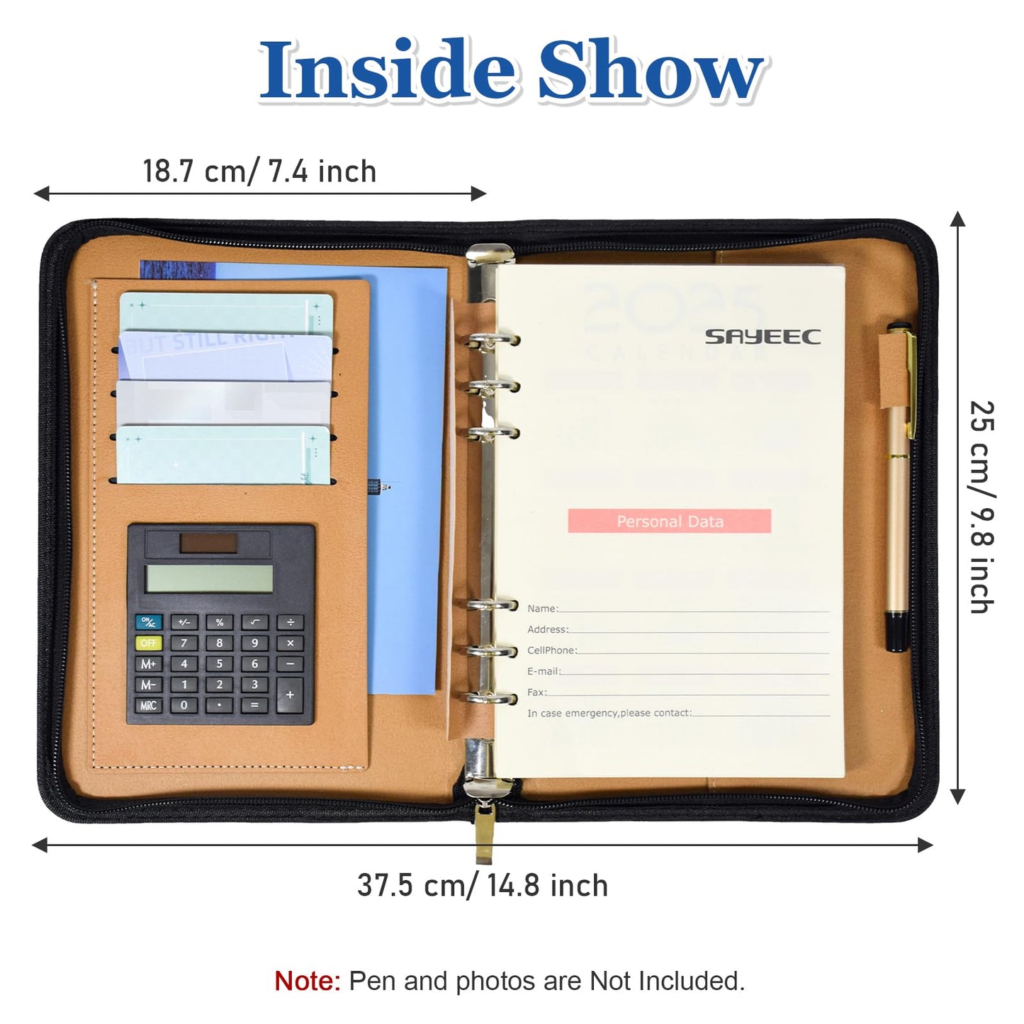 SAYEEC Executive Conference Folder A5 Zipped Portfolio Binder Faux Leather Padfolio Refillable Business Notebook Organizer with Calculator Loose Leaf Paper Gift for Man Women