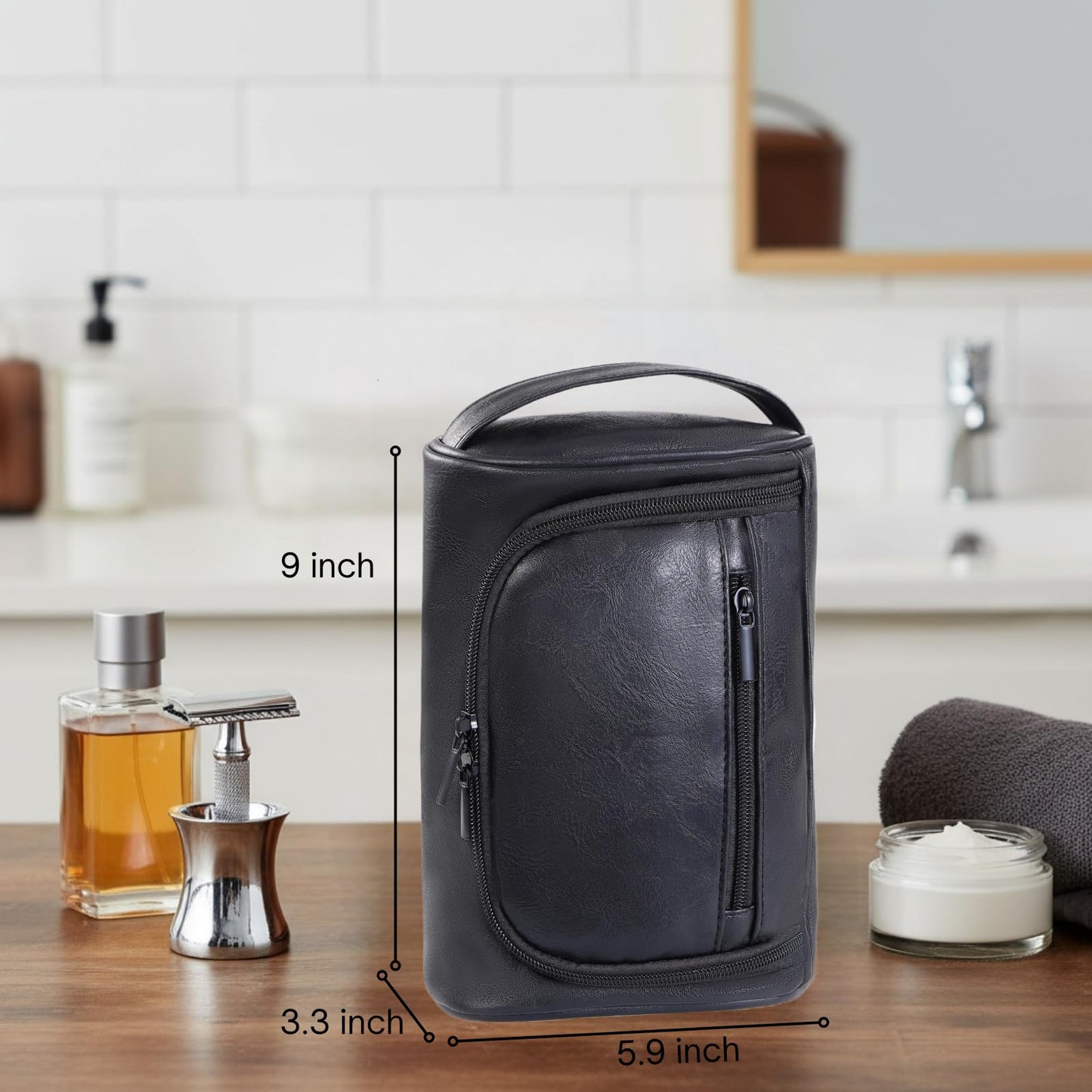 Cumbanho Mens Toiletry Bag, Compact Dopp Kit for Men Travel, PU Leather Shaving Kit, Water-Resistant Minimalist Organizer with Wrist Strap, Travel Toiletry Bag, Gift for Men,Small 9X5.9X3 Inch Black