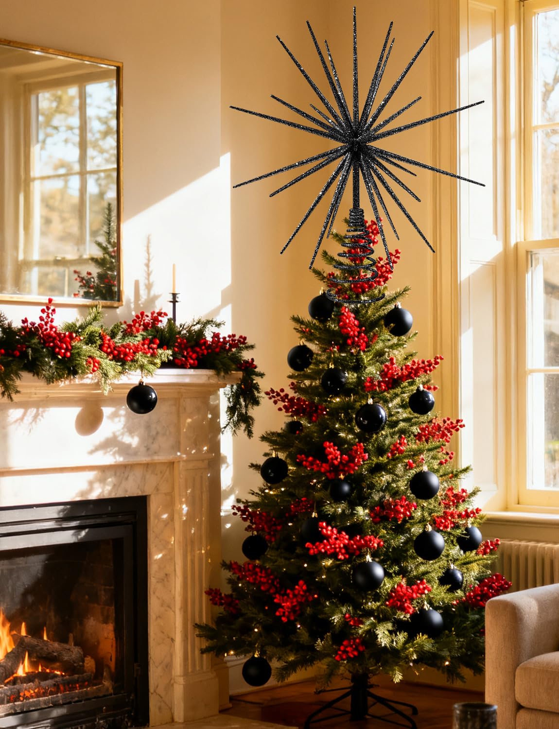 13.7 Inch Black Christmas Tree Topper - 3D Burst Black Tree Topper, Exploding Star Christmas Tree New Year Holiday Tree Decoration
