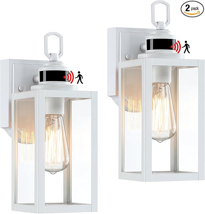 GRUENLICH Dusk to Dawn Outdoor Wall Lantern, PIR Motion Sensor Wall Sconce, E26 Base Max 60W, Metal Housing Plus Glass, White Finish, Bulb Not Included, 2-Pack