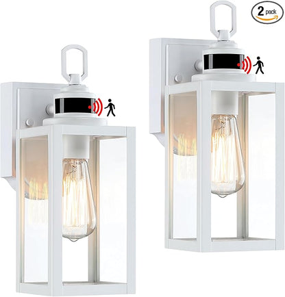 GRUENLICH Dusk to Dawn Outdoor Wall Lantern, PIR Motion Sensor Wall Sconce, E26 Base Max 60W, Metal Housing Plus Glass, White Finish, Bulb Not Included, 2-Pack