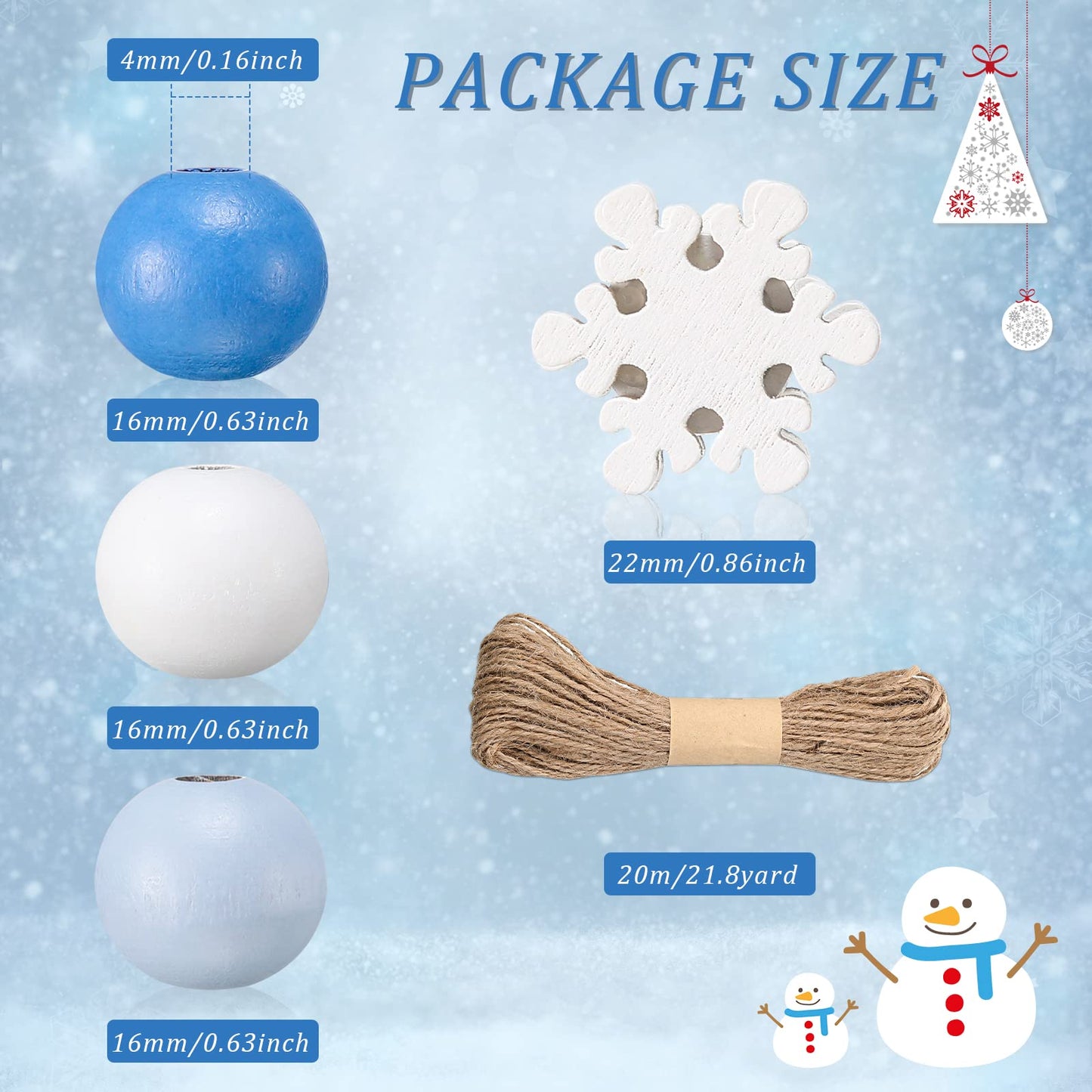 Landhoow 220 Pcs 0.6 Inch Christmas Wooden Beads Winter Snowflakes Craft Beads Blue Natural Wood Round Beads with 65.6 Feet Twine for DIY Making Necklace Bracelet Garland Home Xmas Decor