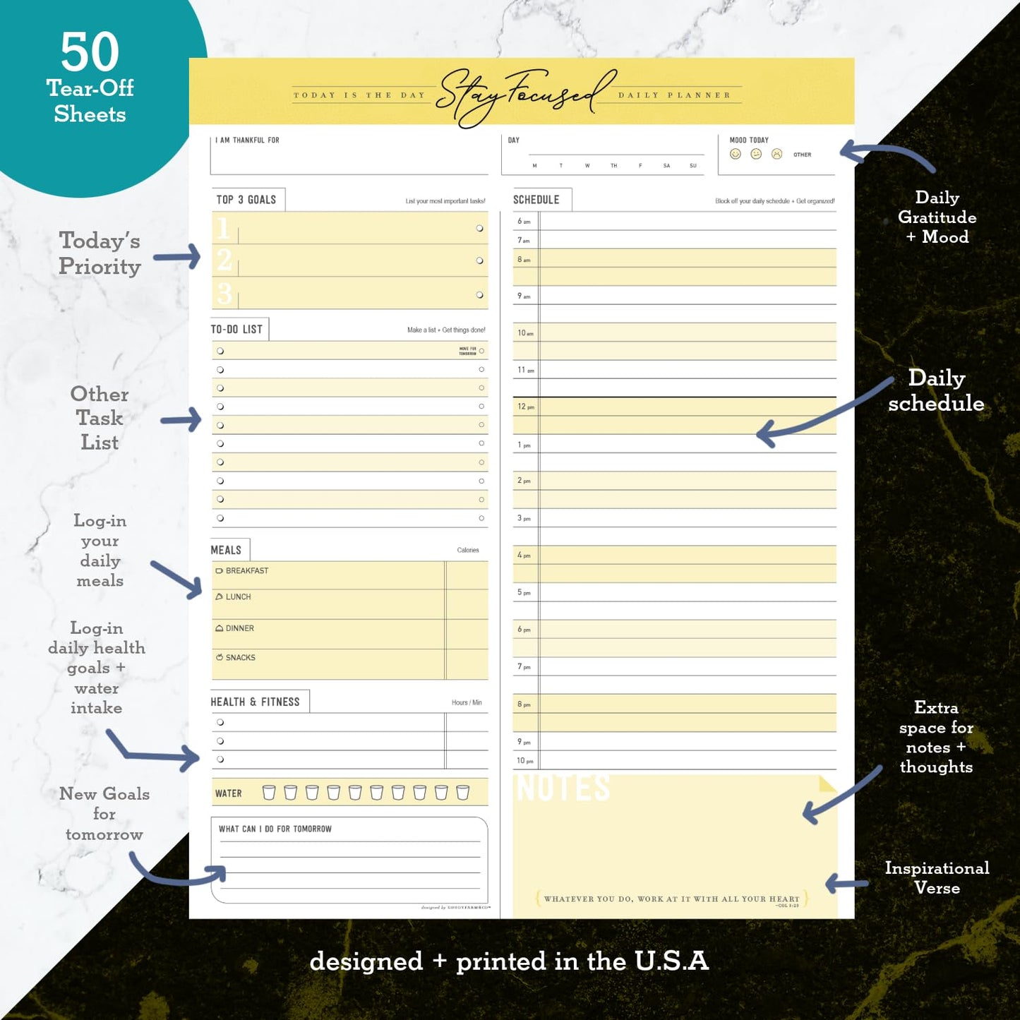 Daily Notepad Planner To Do Schedule - Stay Focused 50 Tear off Premium Made USA (Yellow Mango)