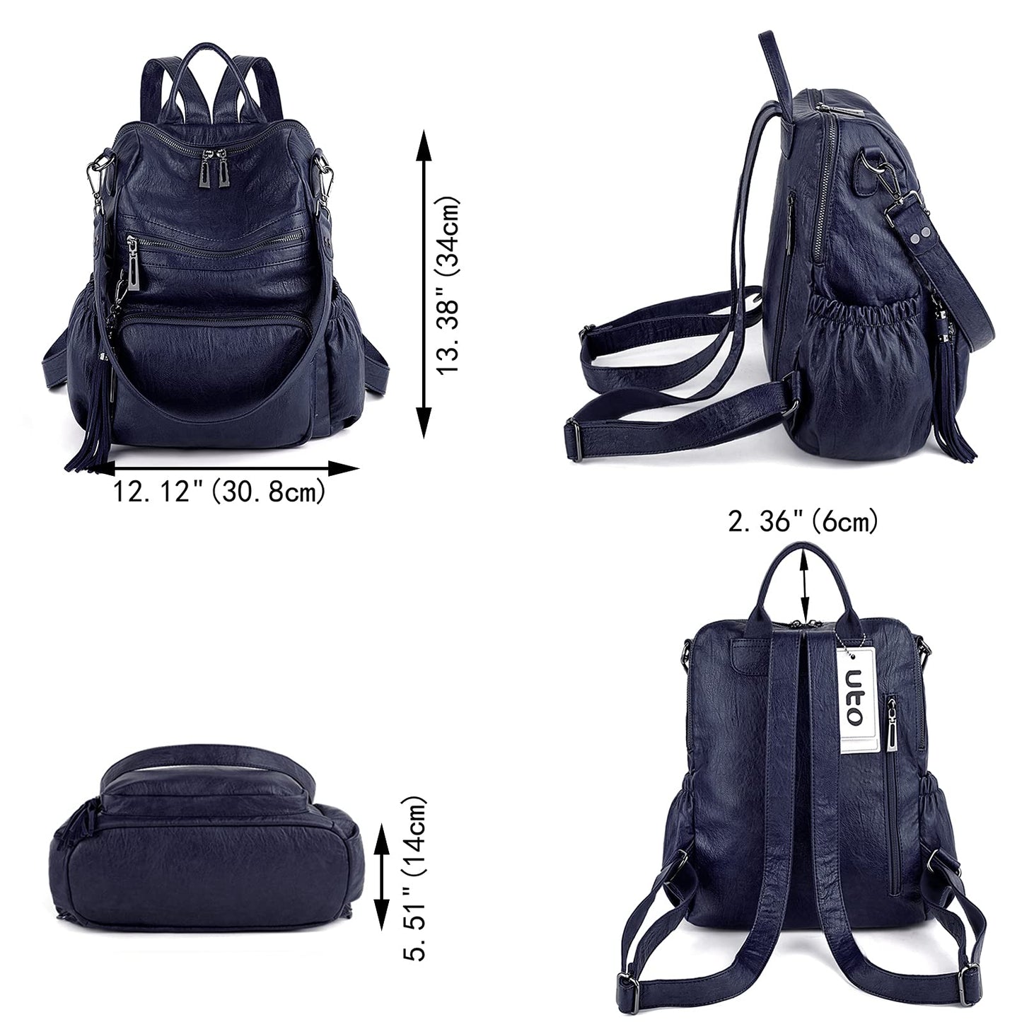 UTO Women Backpack Purse Leather Vegan Ladies Fashion Designer Rucksack Convertible Travel Shoulder Bag with Tassel Blue