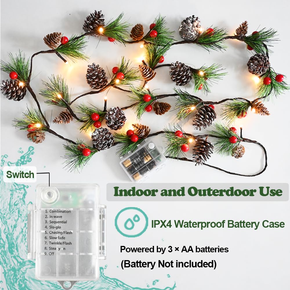 HamiFinee Christmas Garland Lights 6.56FT Holiday Prelit Garlands Pine Cone Garland with Red Berry Upgraded Battery Operated Garland with LED Lights Xmas Decor Lights for Outdoor Indoor Christmas