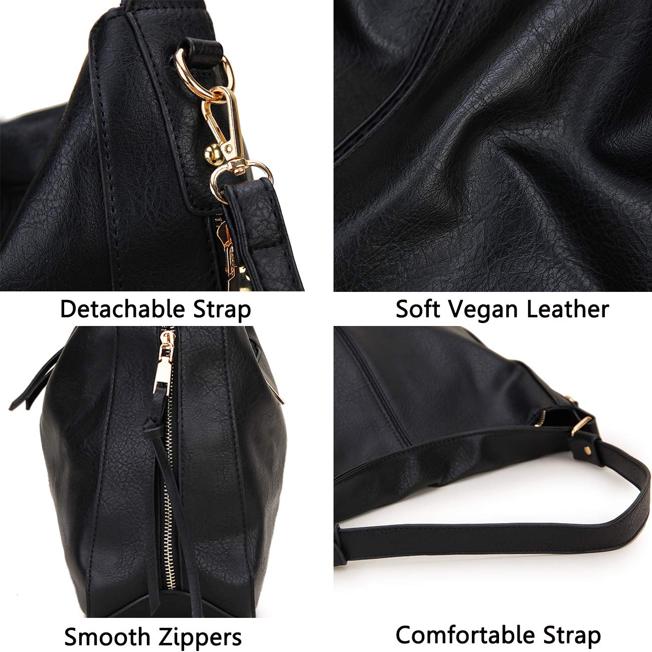 Hobo Bags for Women,VONXURY Faux Leather Tote Purse Ladies Handbag Large Shoulder Bags with Side Pockets for Work Travel,Black