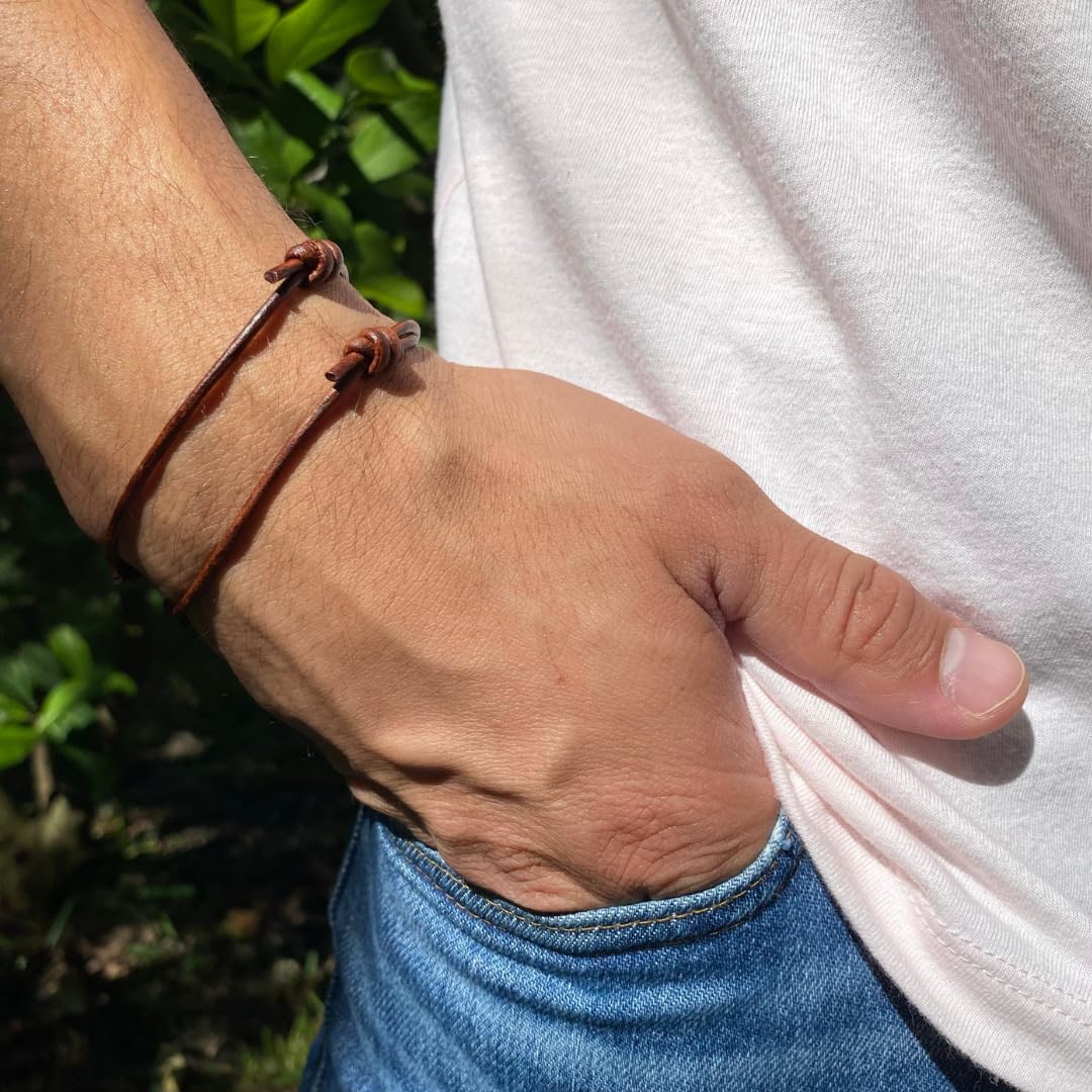 2 mm Men Genuine Leather Bracelet - Handmade Adjustable Cuff, Mens Minimalism Leather Wrap Wristband, Simple Accessories, Premium Leather, Women Gift To Boyfriend, Pulsera Hombre (Antique Brown)
