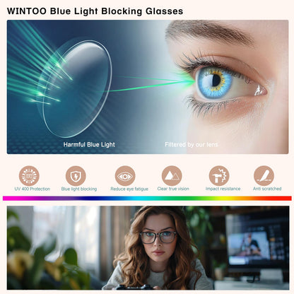 WINTOO Blue Light Glasses for Woman Men | 99% Blue Light Blocking Glasses | Computer Glassess | Night Driving | Gaming | TV Phone Screen Reader Square Frame | Anti Eyestrain & UV Glare Protection