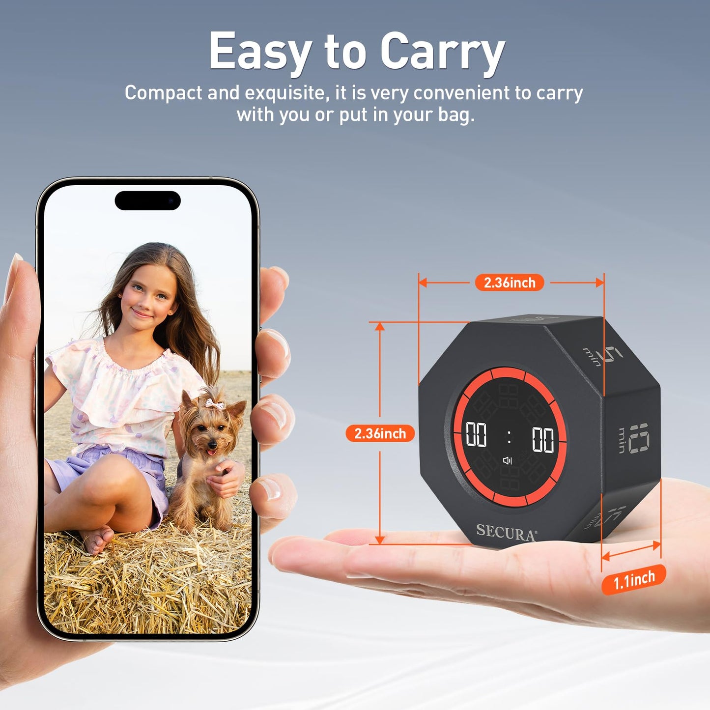 Secura Pomodoro Timer, Rotating Cube Time Tracker, Flip Gravity Sensor with 7 Presets(5/10/15/20/25/50/90 Min), Visual Progress Bar for ADHD, Kids, Tasks, Work, Study (Dark Gray)
