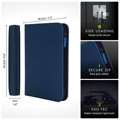 Vault X 4 Pocket Zip Binder, 160 Cards, Exo-Tec Material, 20 Side-Loading Pages (Blue)