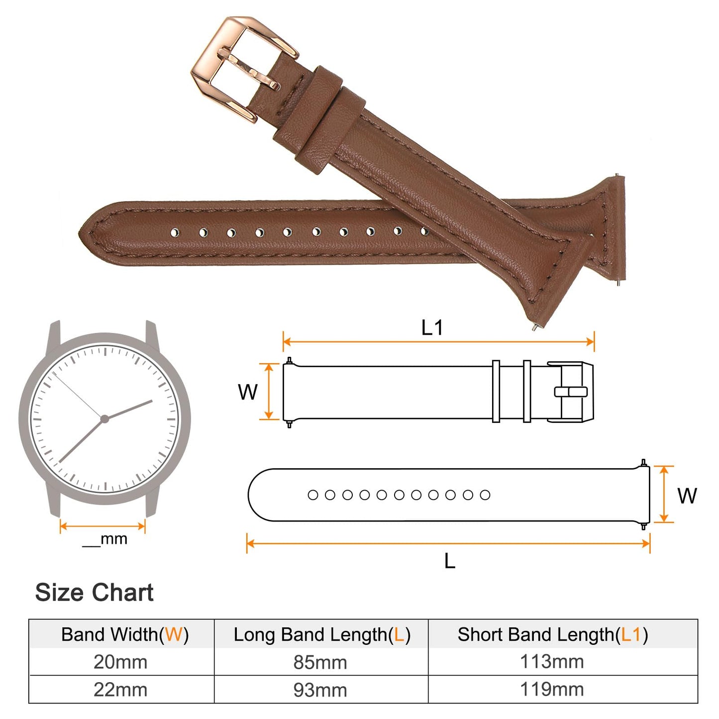 HARFINGTON Genuine Leather Watch Band 22mm Quick Release Elegant Slim Thin Top Grain Replacement Wristband Strap for Ladies/Children Watch & Smartwatch, Brown/Rose Golden Tone