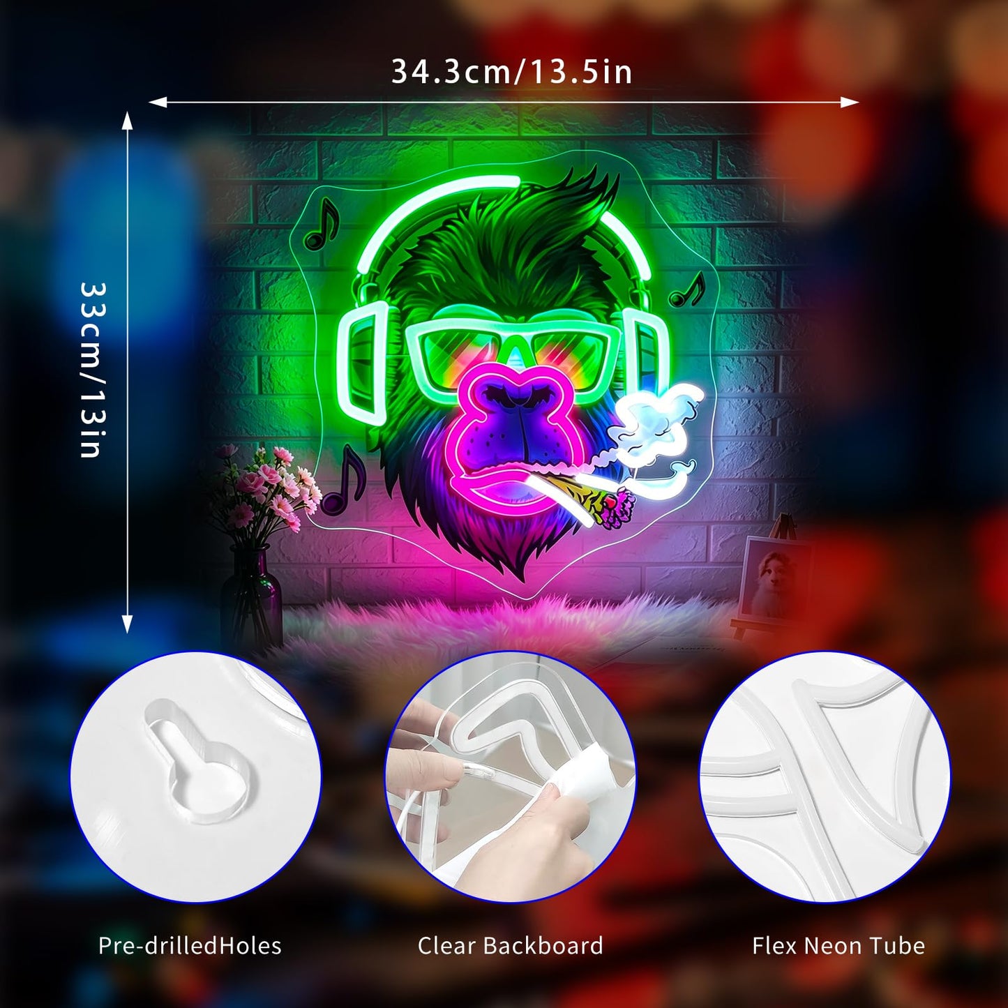 Gdbkabf Neon Sign, Gorilla Neon Signs for Wall Decor - Gorilla with Headphones LED Light for Game Room/Man Cave/Bar/Club - USB Powered Light Up Sign Decorations