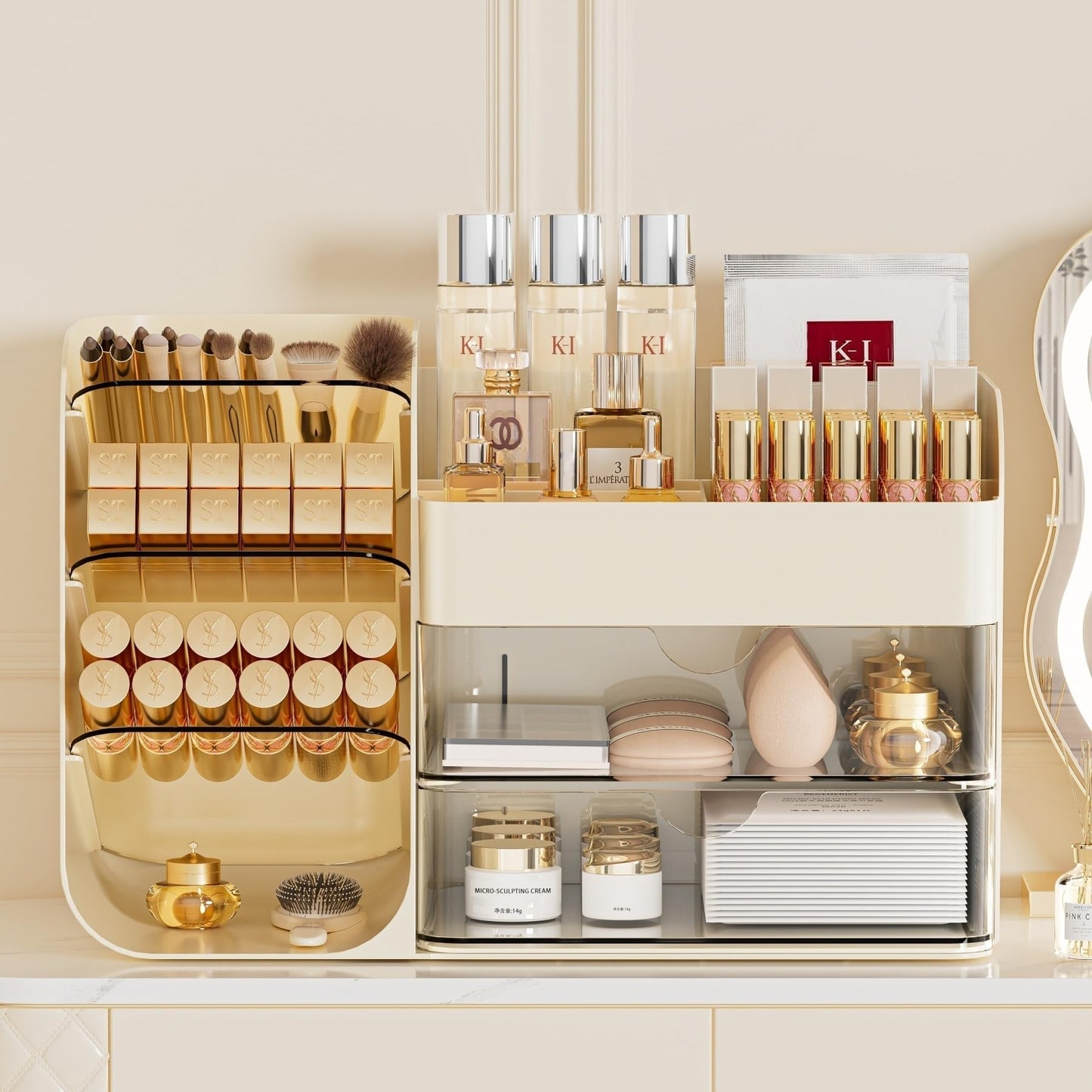 KQJS Makeup Organizer with Drawers, Large Capacity Countertop Organizer for Vanity, Bathroom and Bedroom Desk Cosmetics Organizer, Easy To Storage Skincare,Brushes, Eyeshadow,Lipstick (Cream)