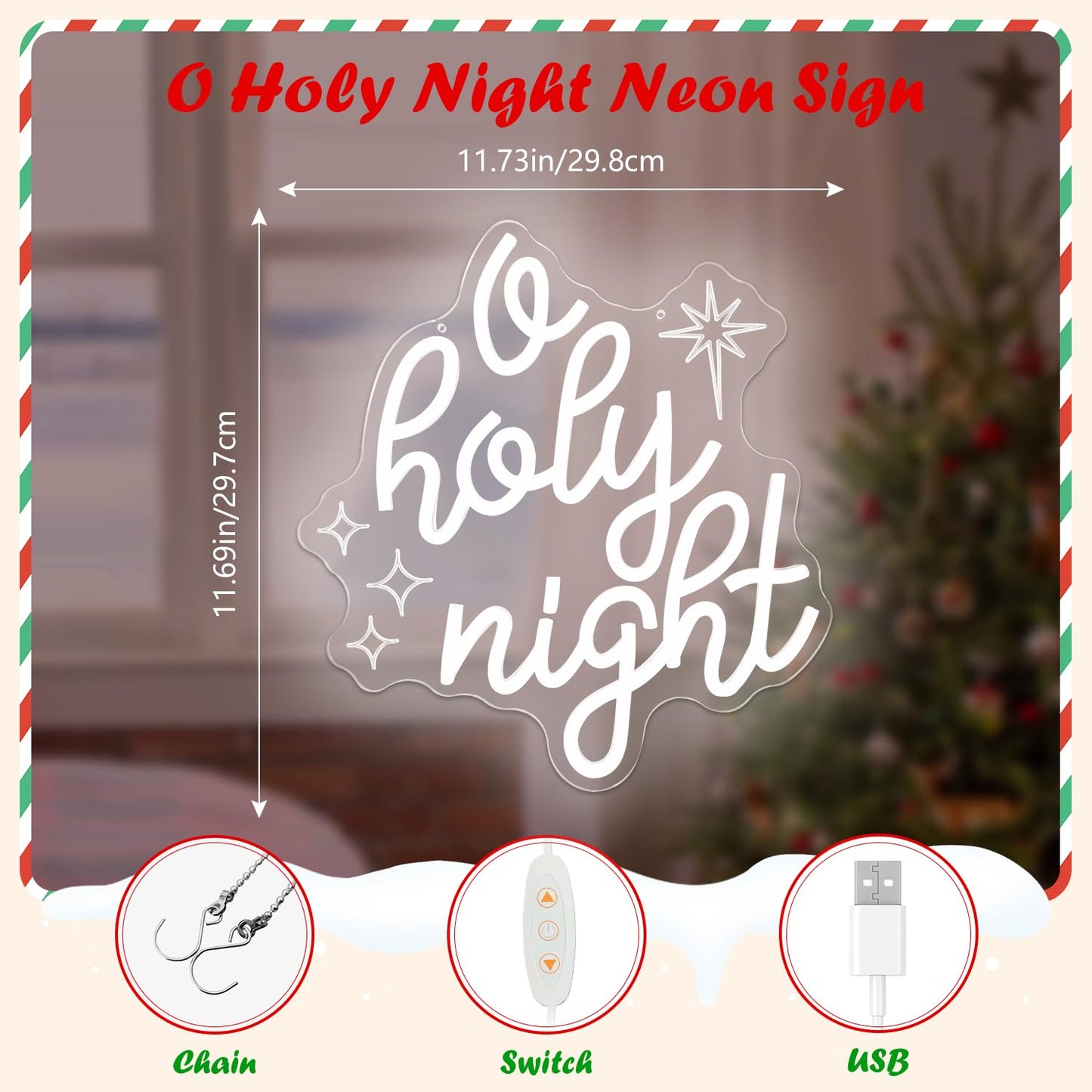Jeanchrl O Holy Night Neon Sign Christmas Jesus Decorations LED Lights for Wall USB Powered Christian Christmas Neon Light Sign Winter Light Up Sign for Party Bedroom Kitchen O Holy Night Decor