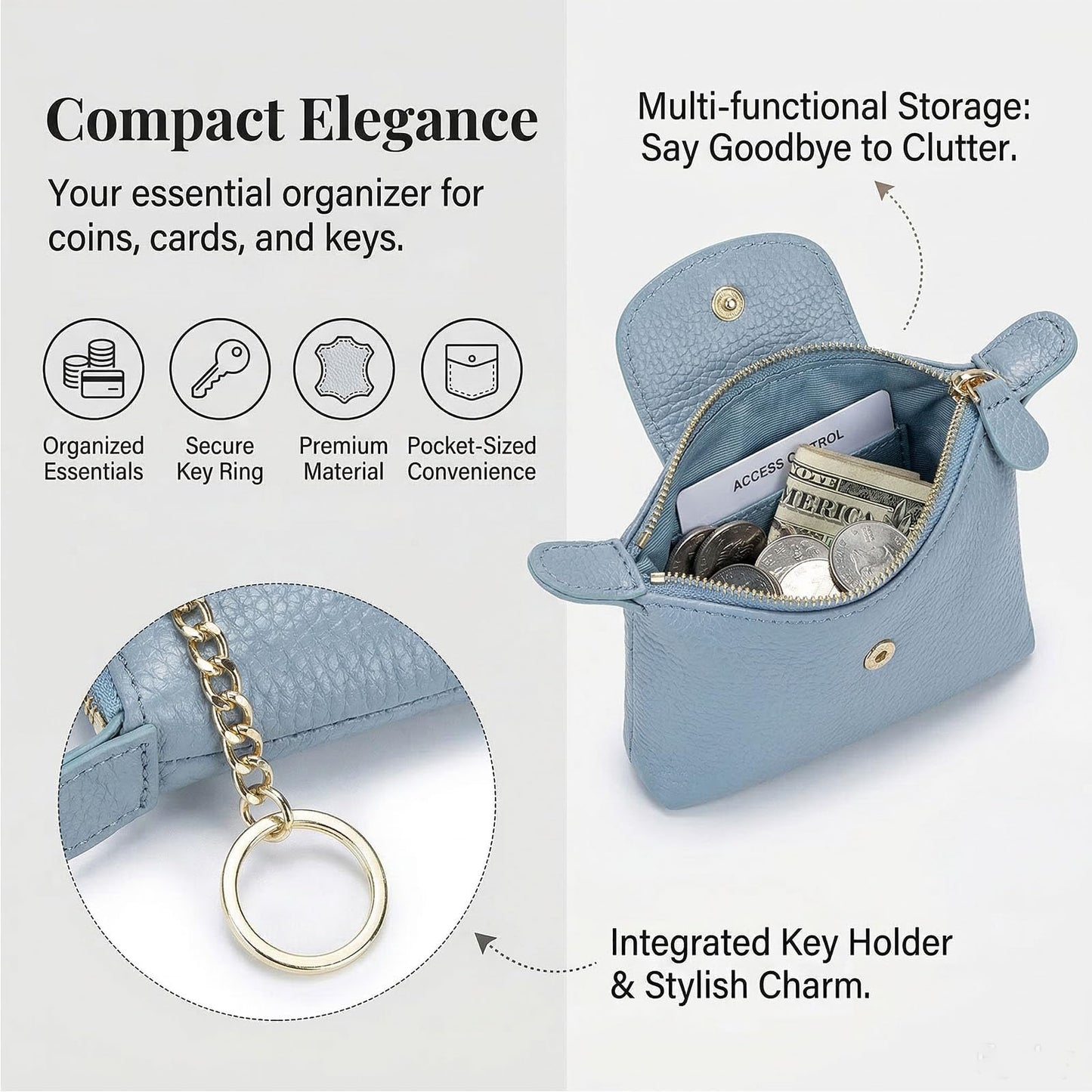 BDHRKTE Women's Genuine Leather Mini Coin Purse and Wrist Bag - Coin Organizer, Change Holder, Card Case, Zipper Storage Bag in Water Blue