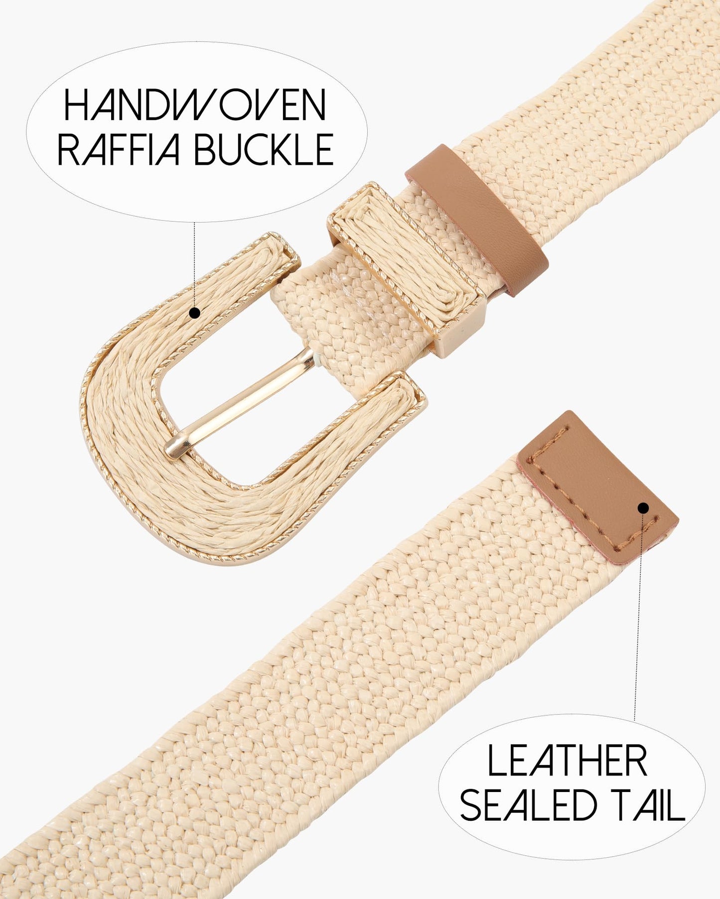 AWAYTR Womens Boho Woven Belt - Easy Care Plastic Elastic Belt with Handmade Raffia Buckle for Daily Vacation Work,Beige,Fit Waist 31''-36''