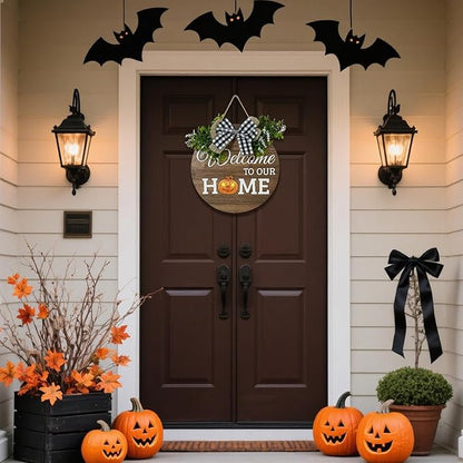 Interchangeable Seasonal Welcome Sign Front Door Decoration, Rustic Round Wood Wreaths Wall Hanging Outdoor Decor for Spring Summer Autumn and Winter All Seasons Holiday Halloween Christmas