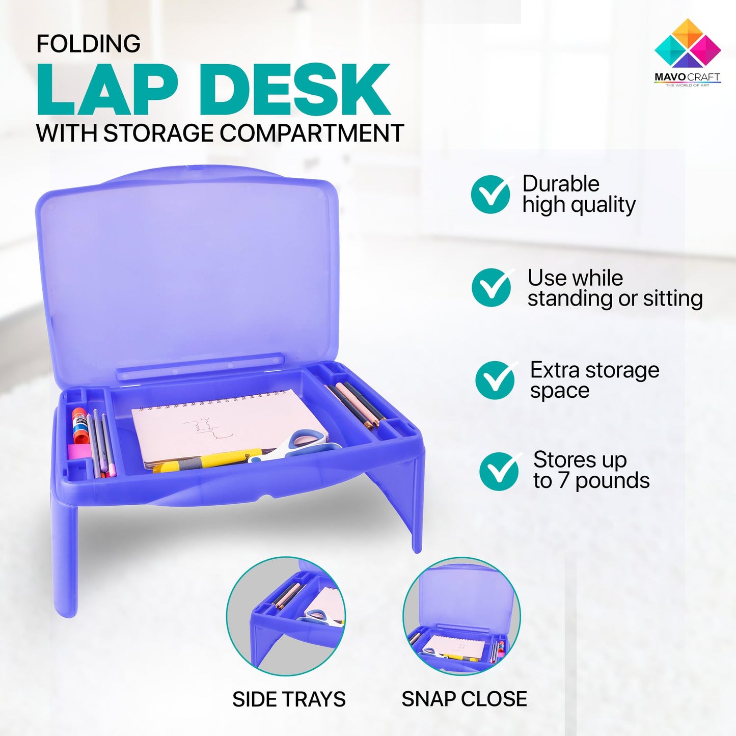 MAVOCRAFT Foldable Kids Lap Tray with Storage - Portable Lap Desk Kids & Adults - Kids Lap Desk for Breakfast in Bed, Serving Tray, Car Desk & Gaming (Purple)