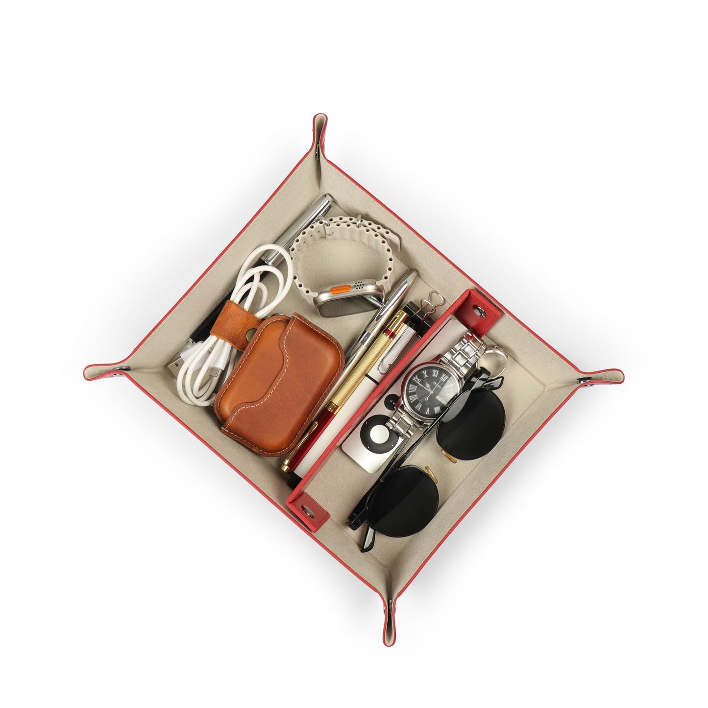 Londo Leather Tray Organizer - Practical Lightweight Water Resistant Computer Table Desk Storage Box for Wallets, Watches, Keys, Coins, Cell Phones and Office Equipment
