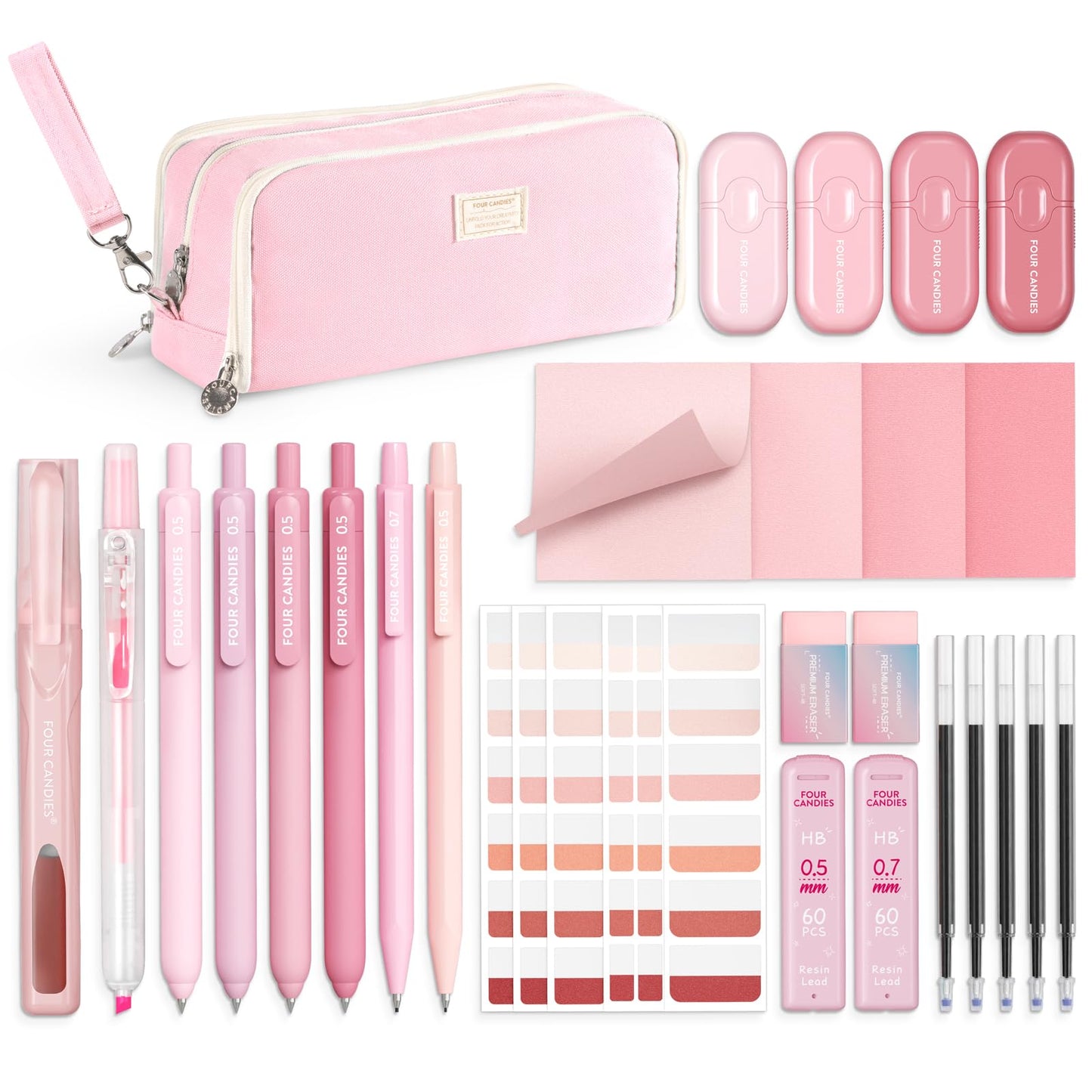 Four Candies Pink School Supplies with Case, Gel Pens with Black Ink, Correction Tapes, Pastel Highlighters, Mechanical Pencils, Sticky Notes, Index Post for Bible Study Stationary College Essentials