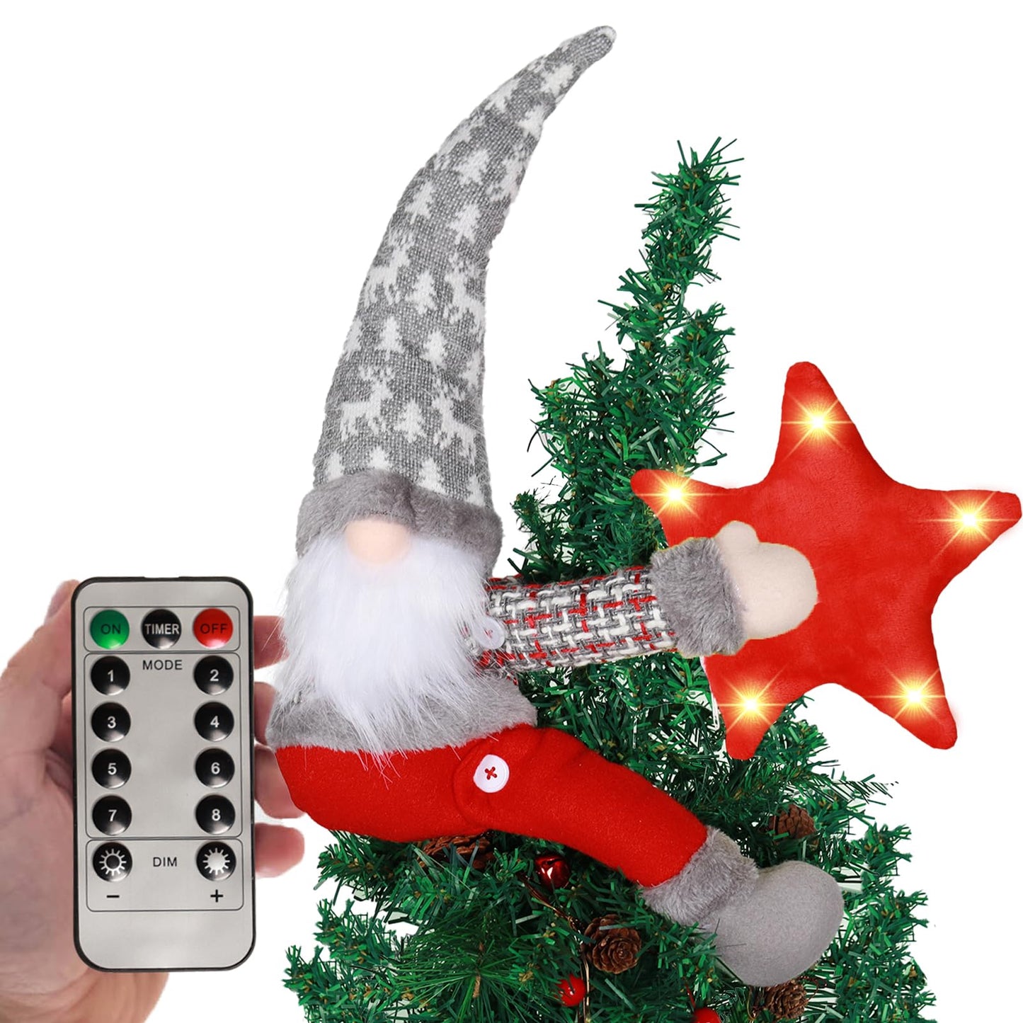 Christmas Tree Topper Gnome Decorations with Lights,21.7 Inches Handmade Embrace Christmas Tree Gnome with Lighted Star，Christmas Home Decor Curtain Tie Wine Bottle Decoration（Grey hat）