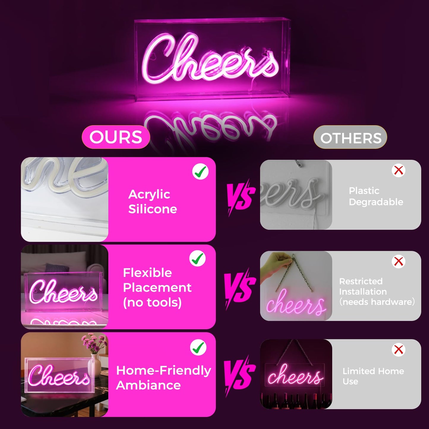 HOSITARK Cheers Neon Sign, USB LED Desk Lightbox Cheers Sign with ON/OFF Switch, 3D Neon Light up Sign for Table Decor, Wall Decor, Bar, Pub, Bachelorette Party (Pink)