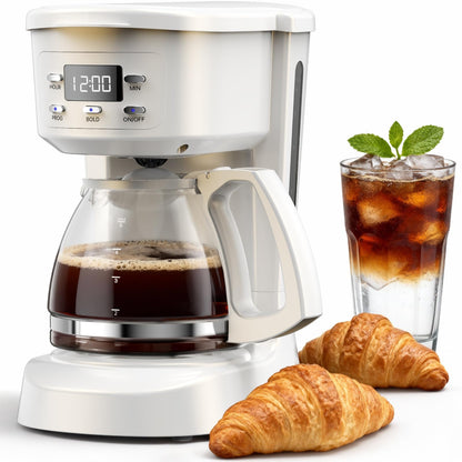 Coffee Maker, 5 Cup Drip Coffee Machine with Glass Carafe, 20 Hours Programmable Timer, 2 Hours Keep Warm, Compatible with Ground&Tea – Portable Small Cafetera for Home, Office, Travel&Camping-White