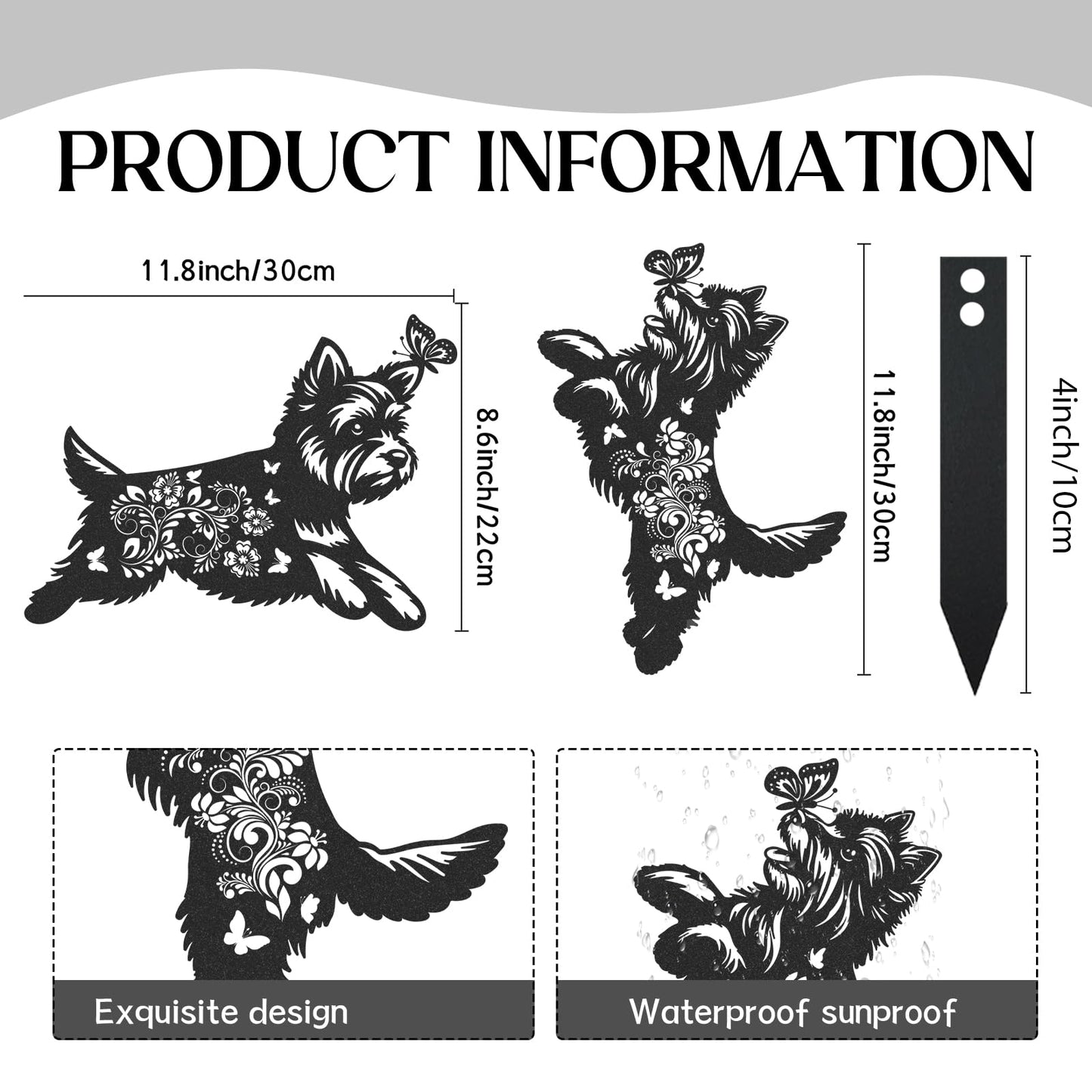 LIRAVENO Yorkie Metal Garden Stakes - 2 Pcs Animal Yard Statues Dog Decor Patio Lawn Decoration Outside Waterproof Butterfly Flower Silhouette Pathway Sign Christmas Birthday Gifts for Dogs Lover