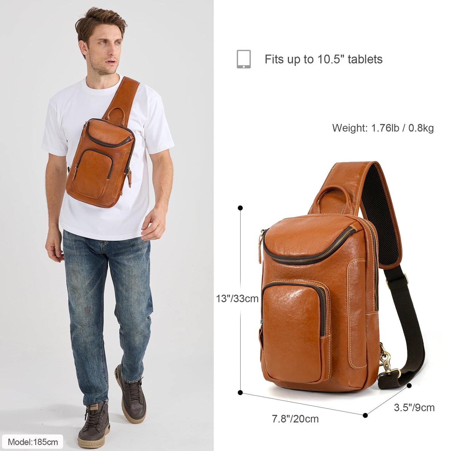 LANNSYNE Vegetable Tanned Leather Sling Bag For Men Fits 10.5" iPad, Crossbody Chest Daypack